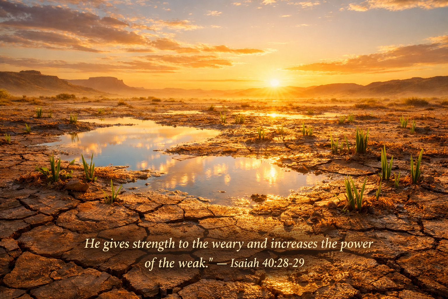 Bible verse wallpaper Isaiah 40:28-29 with desert after rain showing cracked earth with puddles and green shoots emerging